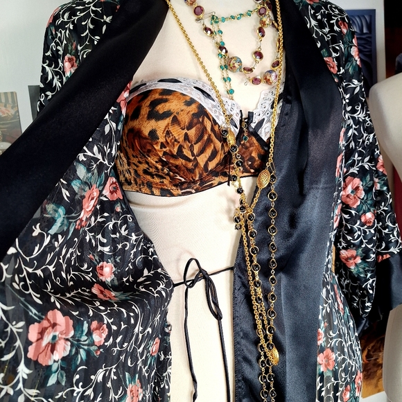 Vintage 80s 90s Floral Maxi Length Robe Womens Medium Stripes Sheer Metallic - Picture 3 of 8